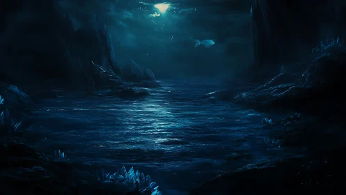 Moonlit alien cavern sea glows with floating fish above