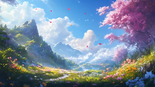 Vibrant spring valley with mountains, flowers, and pink trees.