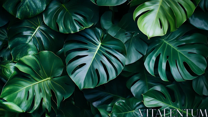 Lush monstera leaves create a soothing jungle of deep greens
