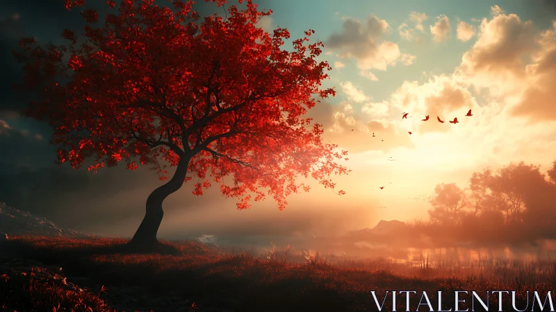 Digital painting of scarlet tree silhouette at luminous sunrise.
