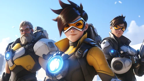 Energetic heroes stand ready in bright sci fi armor and smiles