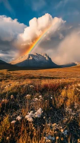 Golden mountain meadow under a gentle rainbow glow.