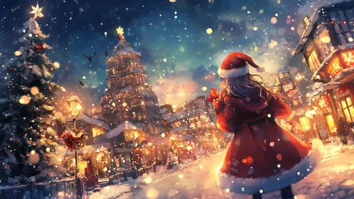 Girl in red coat walking through snowy Christmas town.