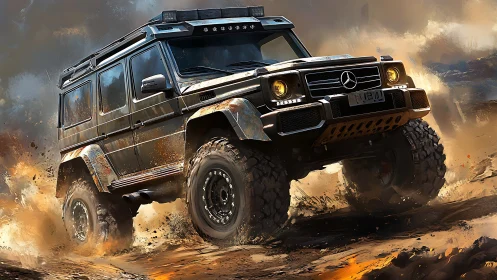 Off road SUV powers through explosive desert mud storm.