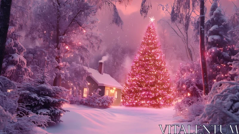 Cozy winter cabin by a glowing pink Christmas tree at dusk.