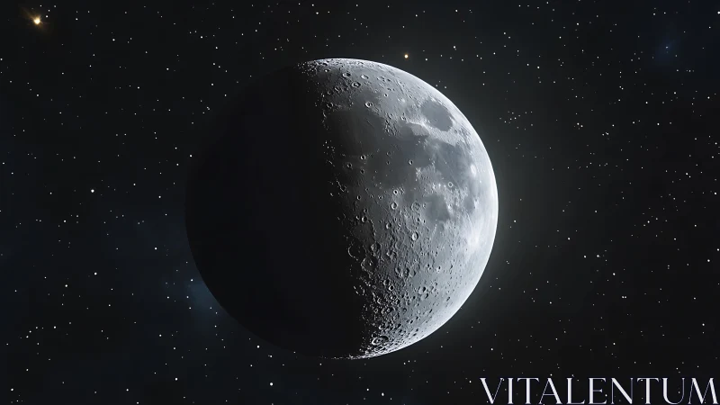 Half-illuminated lunar surface reveals sharp craters in space