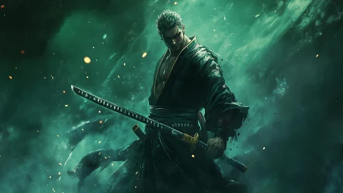 Samurai swordsman stands in smoky green atmospheric lighting
