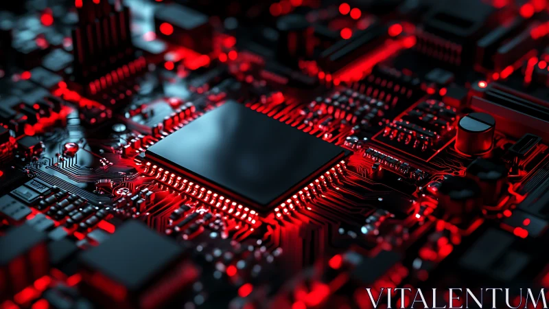 3D microchip array with red illuminated circuit topology.
