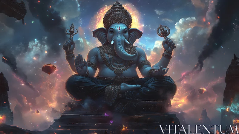 Radiant cosmic deity in serene, starlit meditation pose.