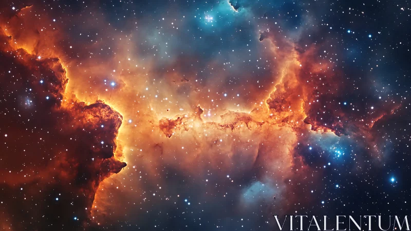 Orange nebula band with bright stars across dark space.