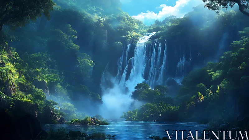 Emerald thunderfalls pouring light into a secret lagoon.