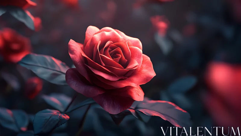 Luminescent Hybrid Rose: Photorealistic Red Bloom Under Cinematic Backlighting.