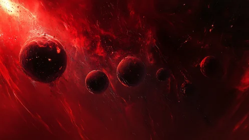 Red cosmic spheres aligned in a dark glowing nebula field.