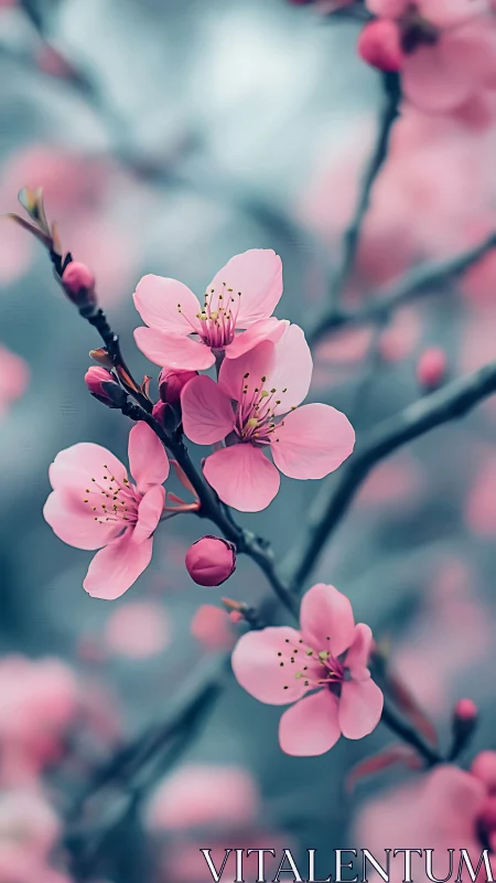 Pink Peach Blossoms on Dark Branches Against Soft Blue Bokeh.