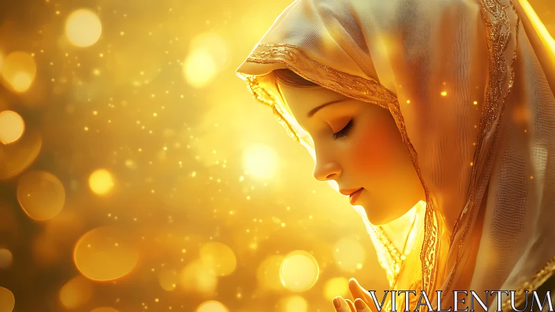 Serene veiled woman in glowing golden light profile.