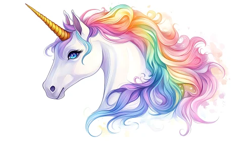 White unicorn head shows flowing rainbow mane in profile