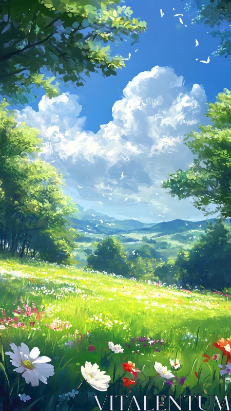 Sunlit wildflower meadow under cumulus cloud summer sky