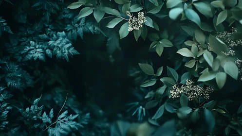 Moody teal foliage canopy with clustered white floral buds