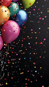 Festive balloons burst with colorful confetti against dark backdrop