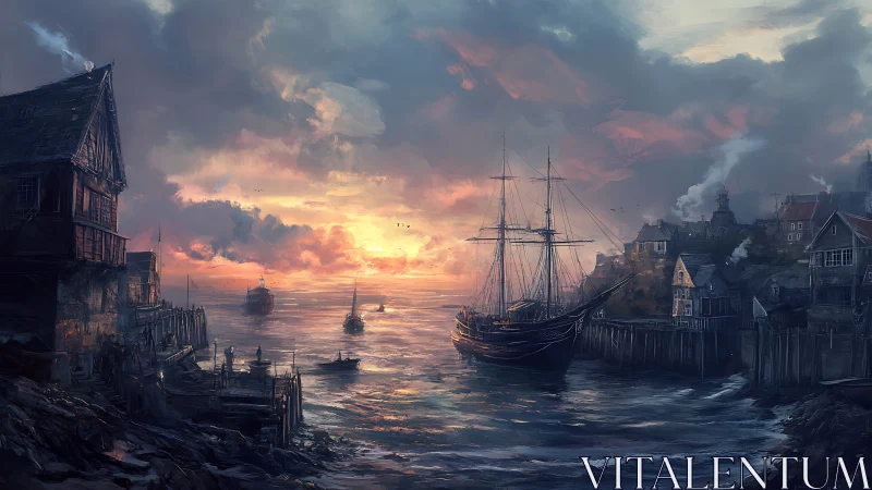 Dramatic sunset harbor with moored tall ship and coastal town