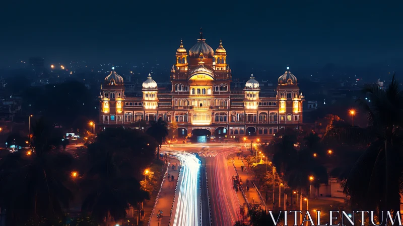 Illuminated domed palace at night with traffic light trails