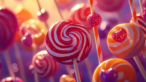 Vibrant Lollipop Array with Spiral Striping Against Bokeh Background.