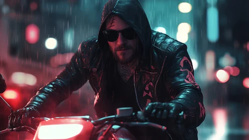 Hooded motorcyclist in rain on neon lit urban street.