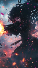 Stormlit warrior girl framed in fire, sparks, and resolve.