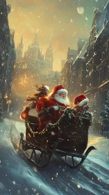 Santa-led sleigh races through snowy steampunk city street.