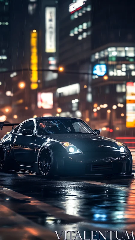Midnight tuner car under neon rain on wet city streets.