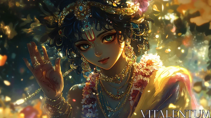 Divine jeweled figure with luminous eyes in golden glow.