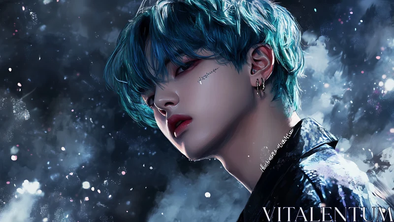 Iridescent teal haired youth in luminous cosmic bokeh night