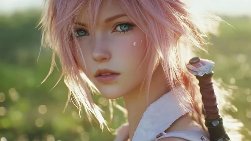 Sword-bearing pink haired heroine in soft sunset field.