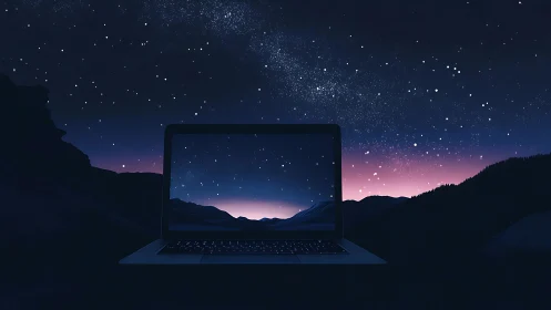 Laptop glows beneath a starry night sky in serene mountains