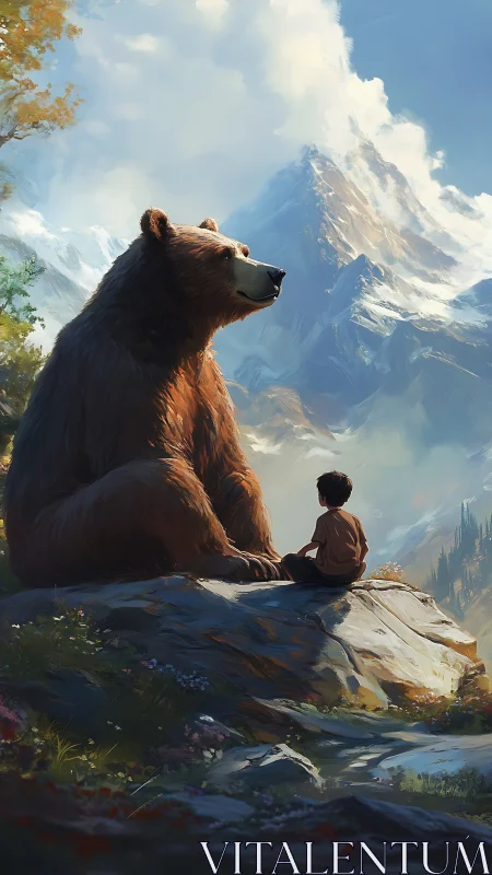 Mountain hillside chat between gentle bear and child.
