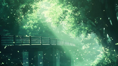 Sunlit forest bridge spans reflective stream in softly diffused light