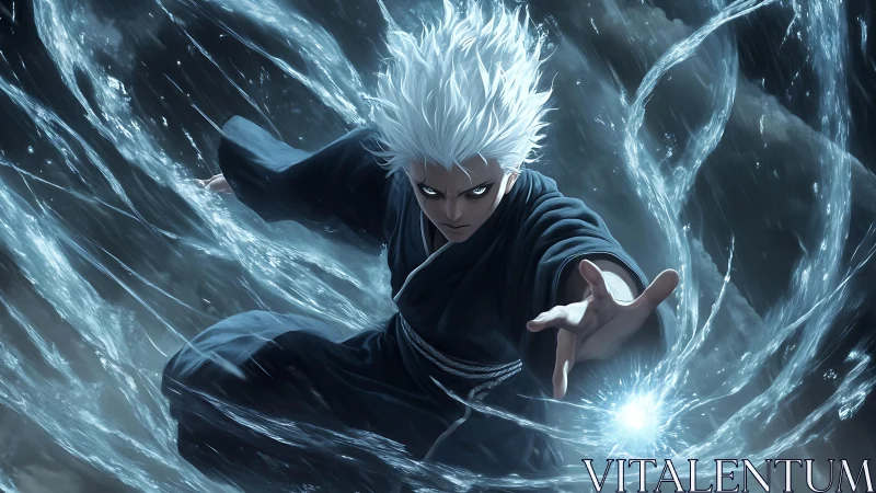 White haired anime sorcerer shaping dynamic water energy sphere