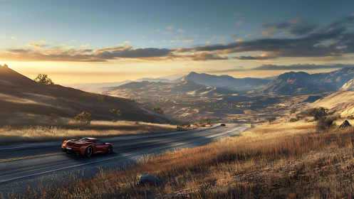 Red sports car drives through golden valley at sunrise