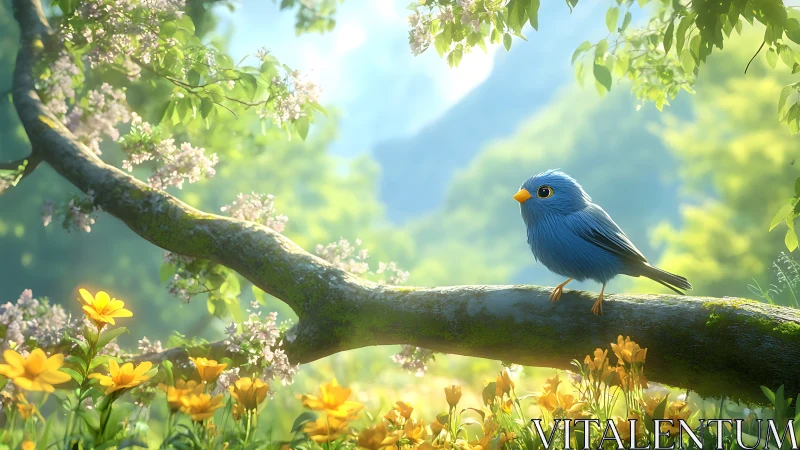 Whimsical blue bird on blooming branch in vibrant spring landscape.