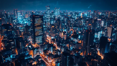 High-density nocturnal cityscape with cyan-orange lighting grid
