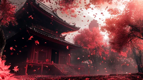 Temple courtyard under dense red foliage and drifting maple leaves