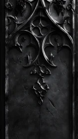 Gothic relief panel shows dark ornamental tracery in high contrast