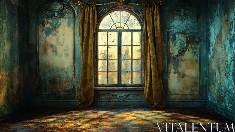 Sunlit arched window illuminates decayed teal chamber.