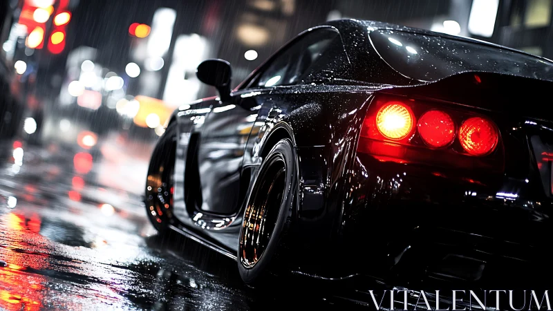 Midnight street racer glows against rain soaked city lights