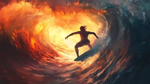 Surfer rides a blazing sunset vortex of water and fire.