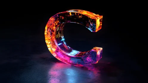 Vibrant Glass Letter C with Neon Lighting in Dark Setting.