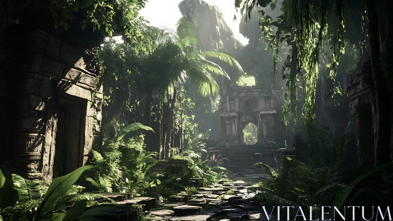 Sunlit jungle temple ruins overgrown with lush foliage.