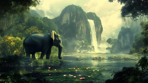 Elephant stands at forest river before distant waterfall cliffs