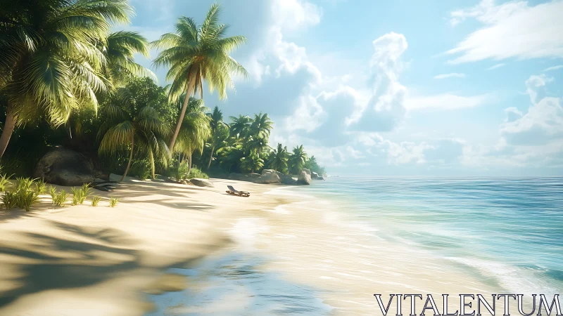 Tropical Coastal Landscape with Palm Grove and Shallow Turquoise Waters Rendered in Photorealistic 3