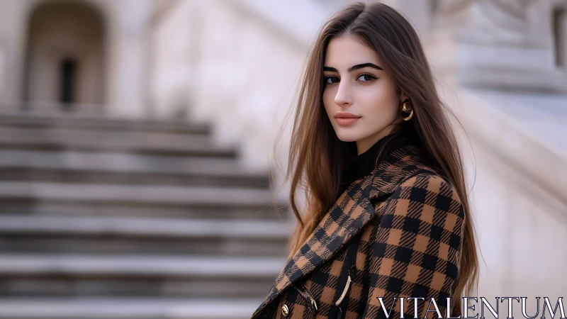 Photorealistic urban portrait on stone stairway backdrop.